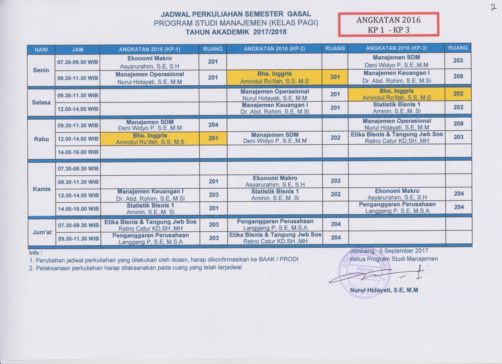 Jadwal Perkuliahan Semester Gasal Tahun Akademik 2017/2018