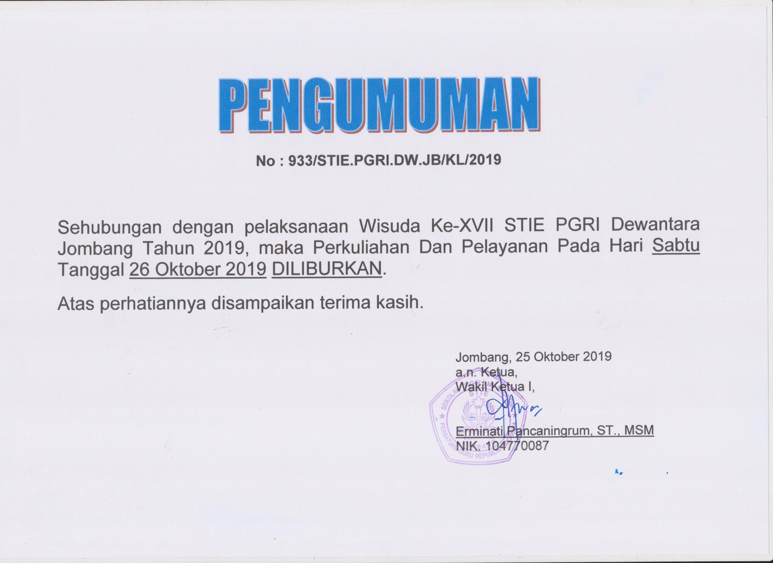 Pengumuman Libur Perkuliahan