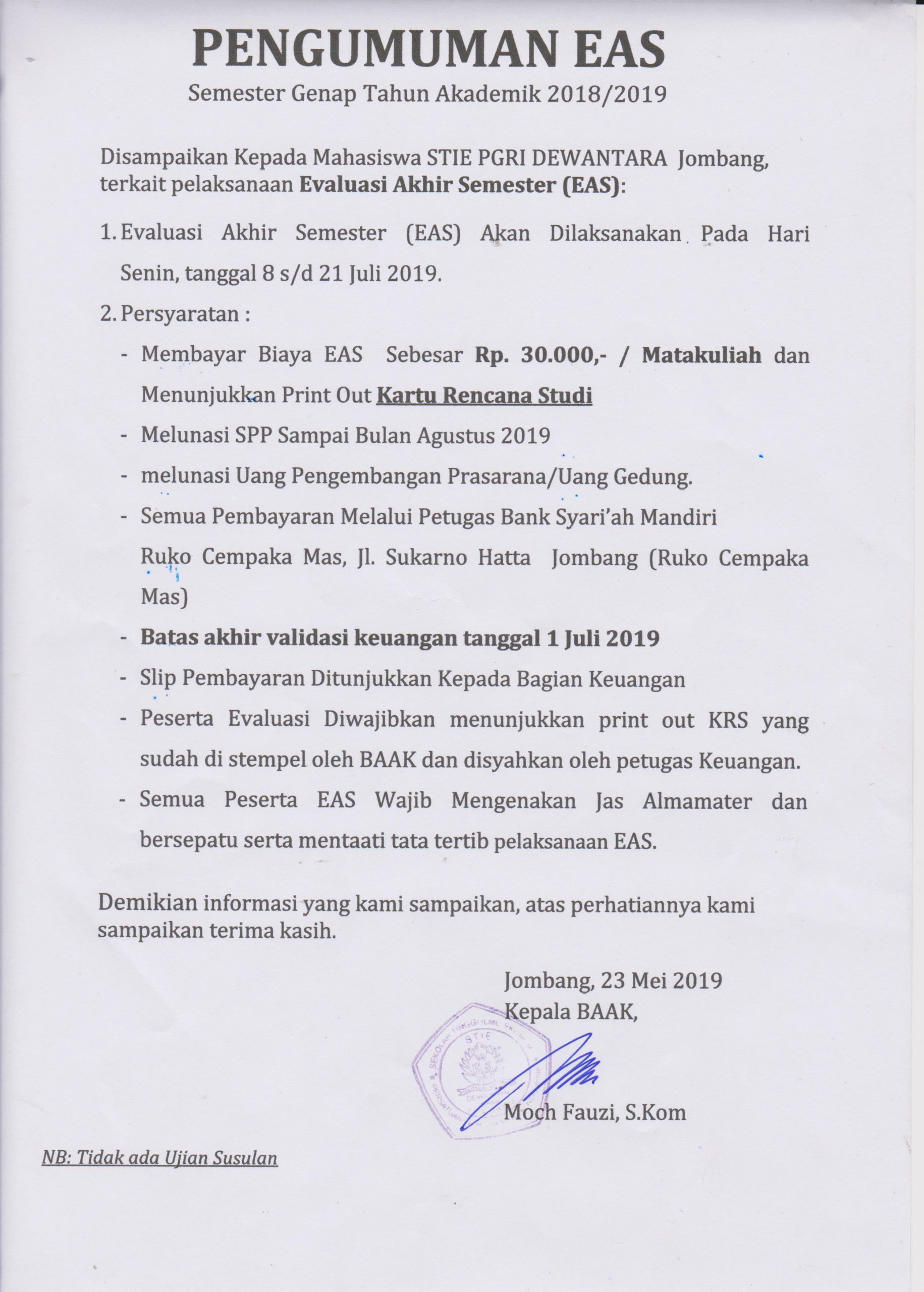 Pengumuman Evaluasi Akhir Semester Genap Tahun Akademik 2018-2019