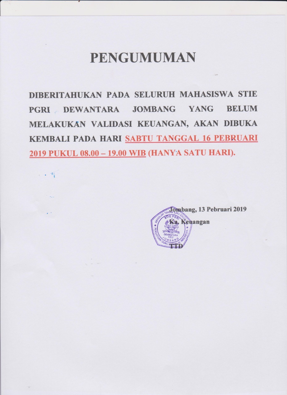 PENGUMUMAN VALIDASI KEUANGAN