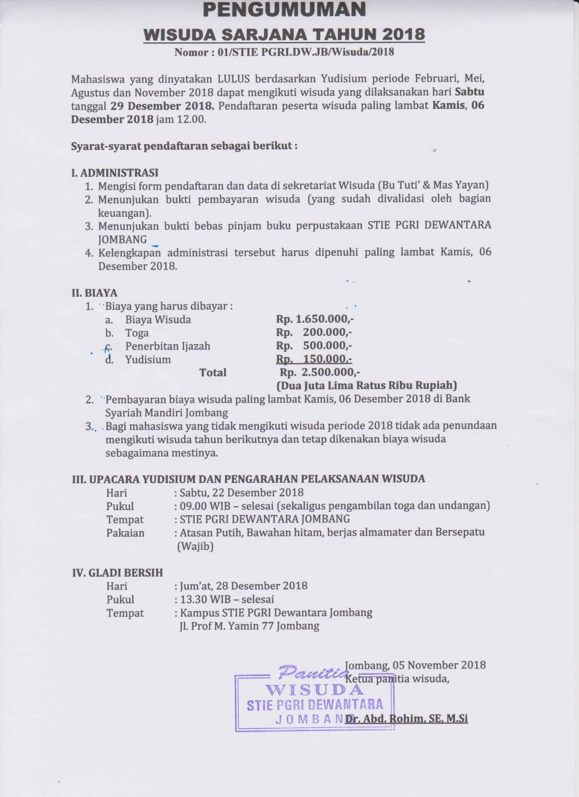 PENGUMUMAN WISUDA TAHUN 2018