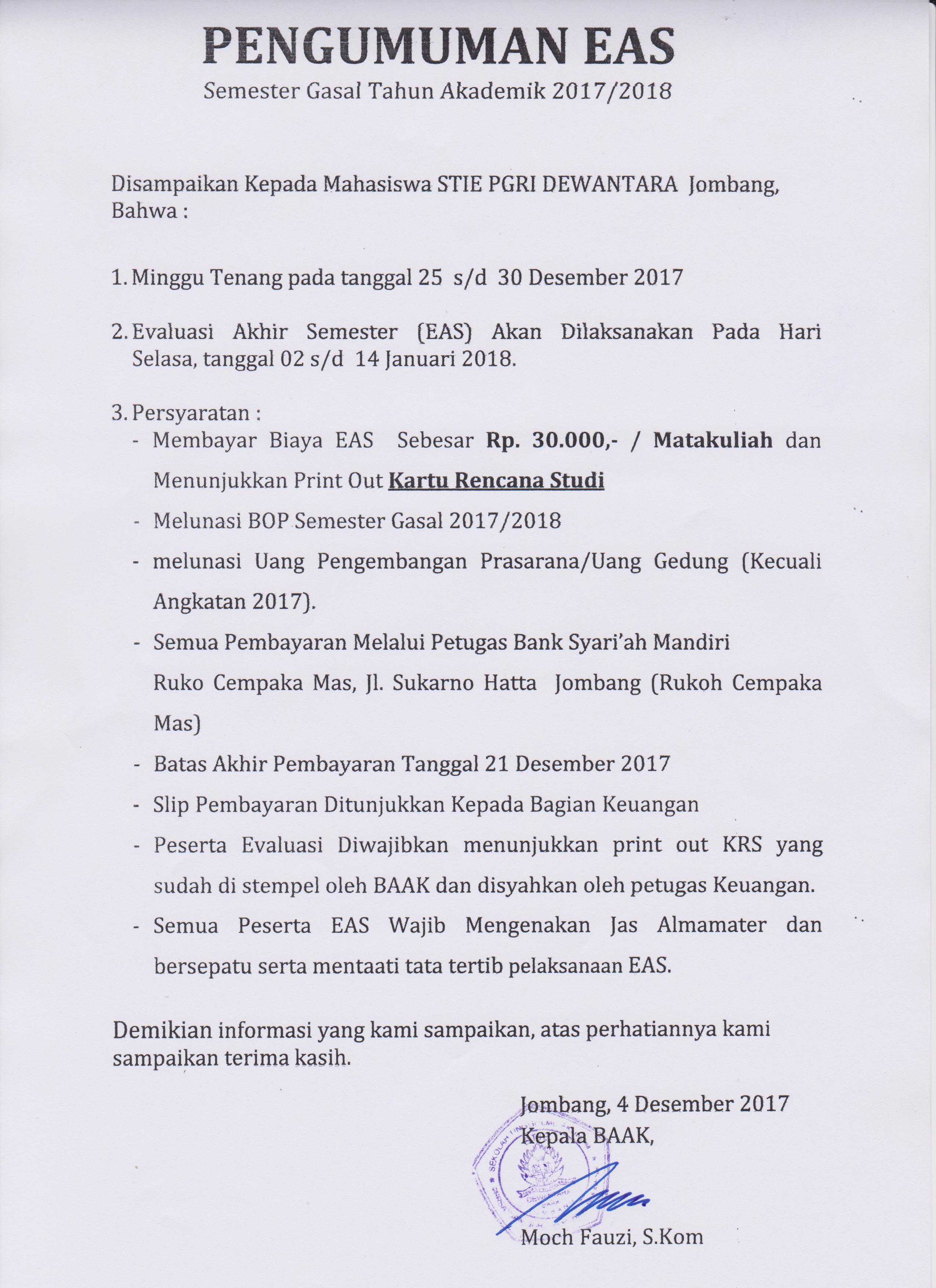 Pengumuman EAS Gasal Tahun Akademik 2017/2018