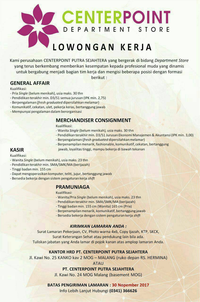 Lowongan Kerja CenterPoint Departement Store