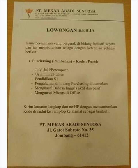 Lowongan Kerja PT. Mekar Abadi Sentosa