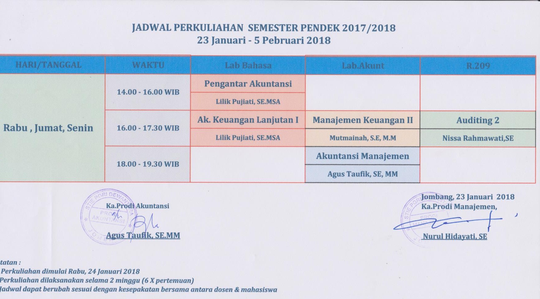 Jadwal Perkuliahan Semester Pendek Tahun Akademik 2017-2018