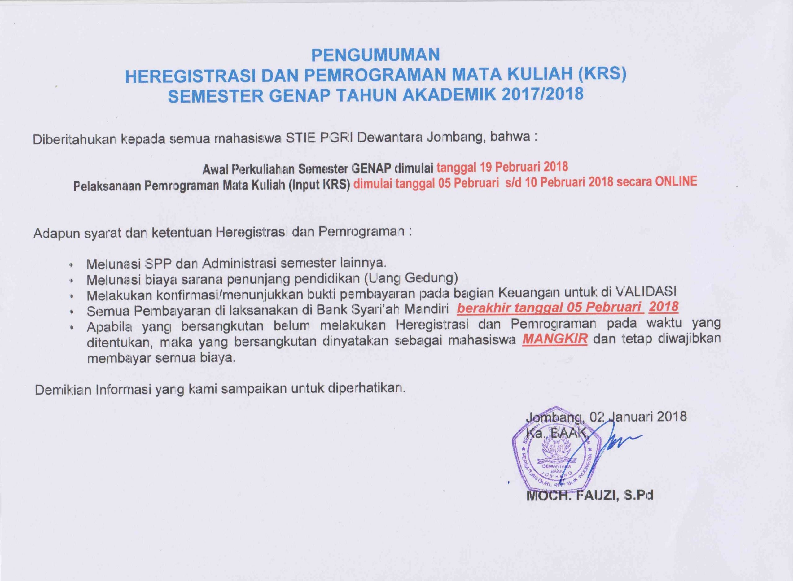 Pengumuman Heregistrasi dan Pemograman Mata Kuliah Semester Genap 2017-2018