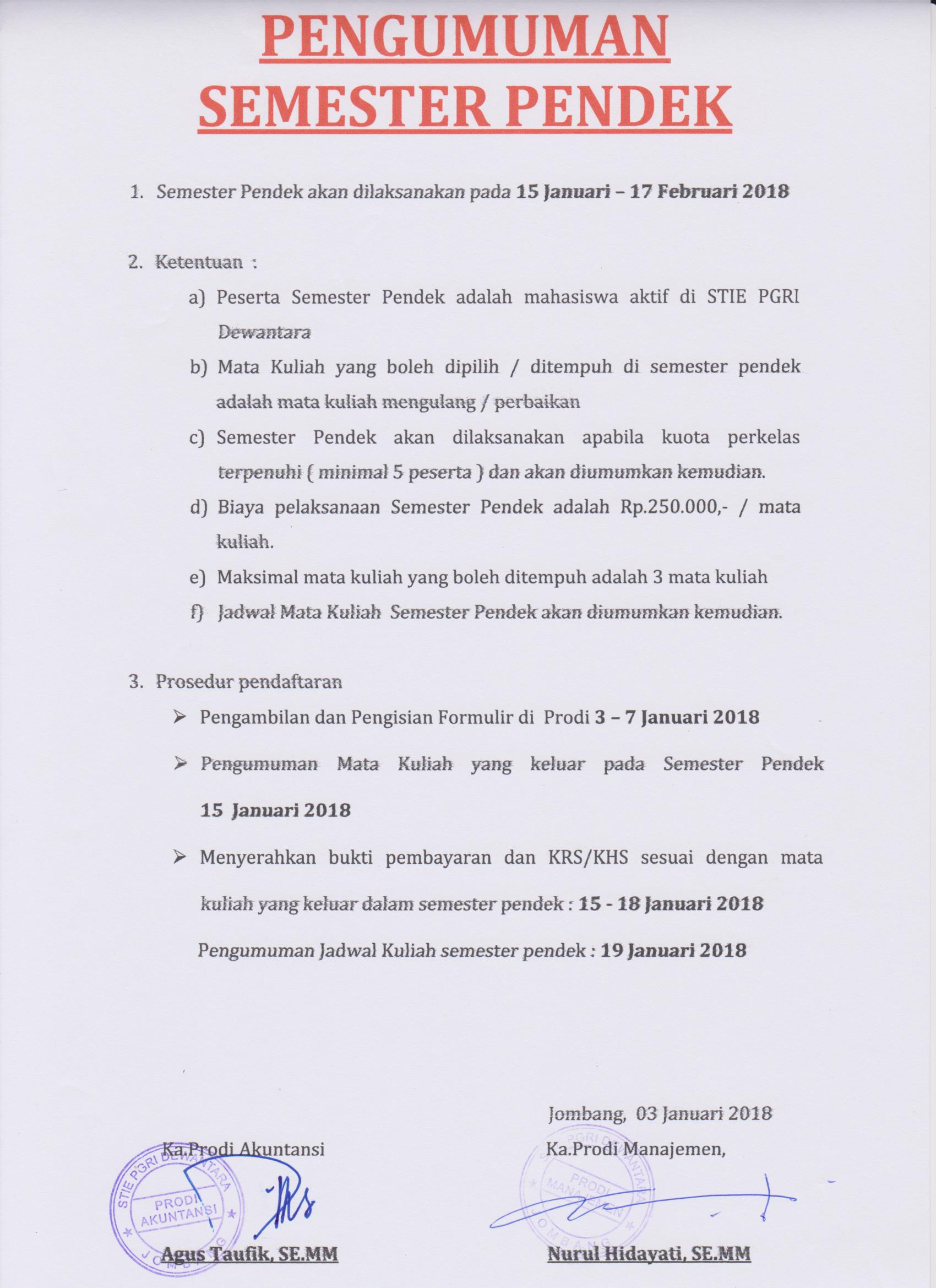 PENGUMUMAN SEMESTER PENDEK