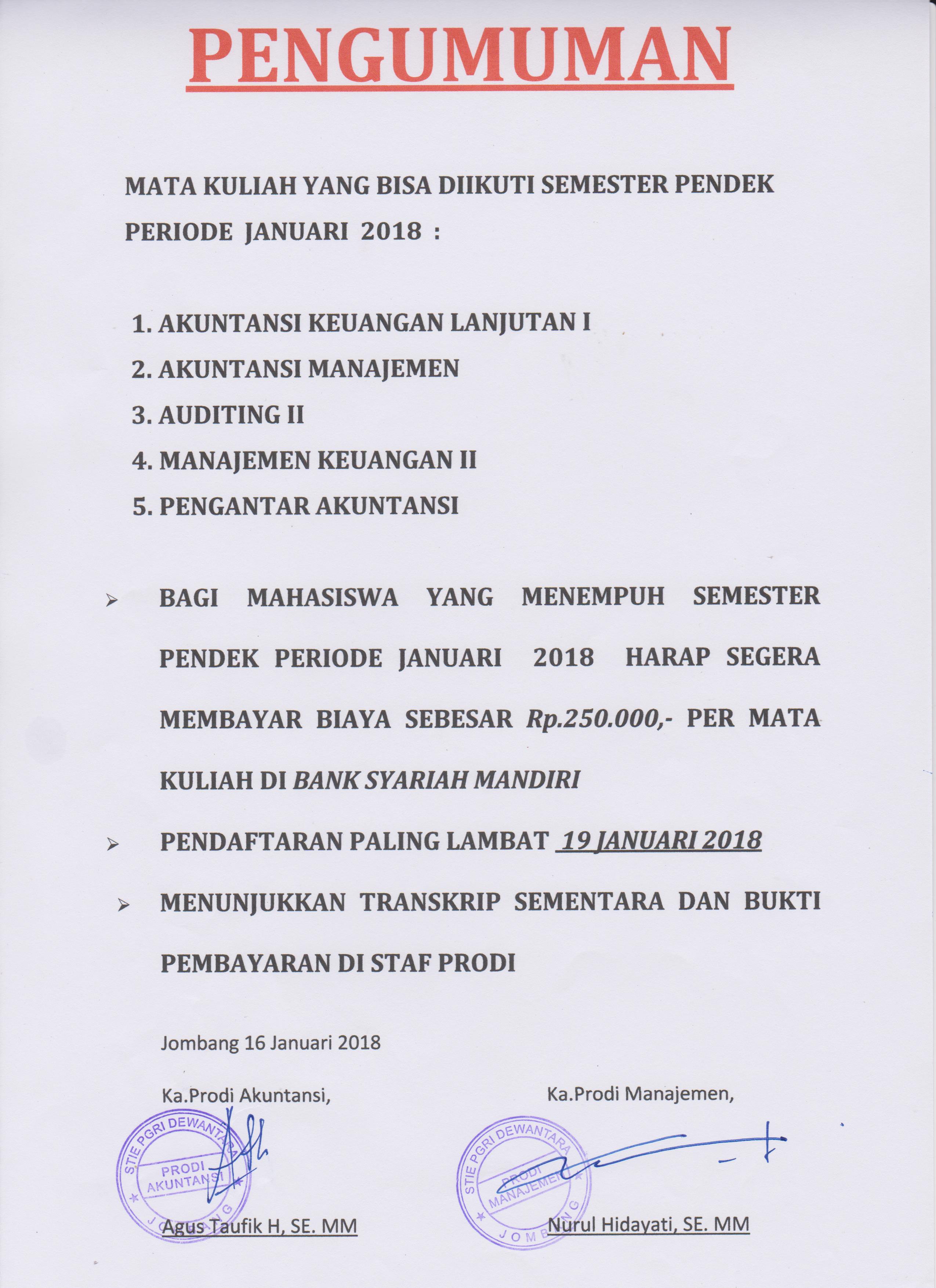 Pengumuman Matakuliah Semester Pendek