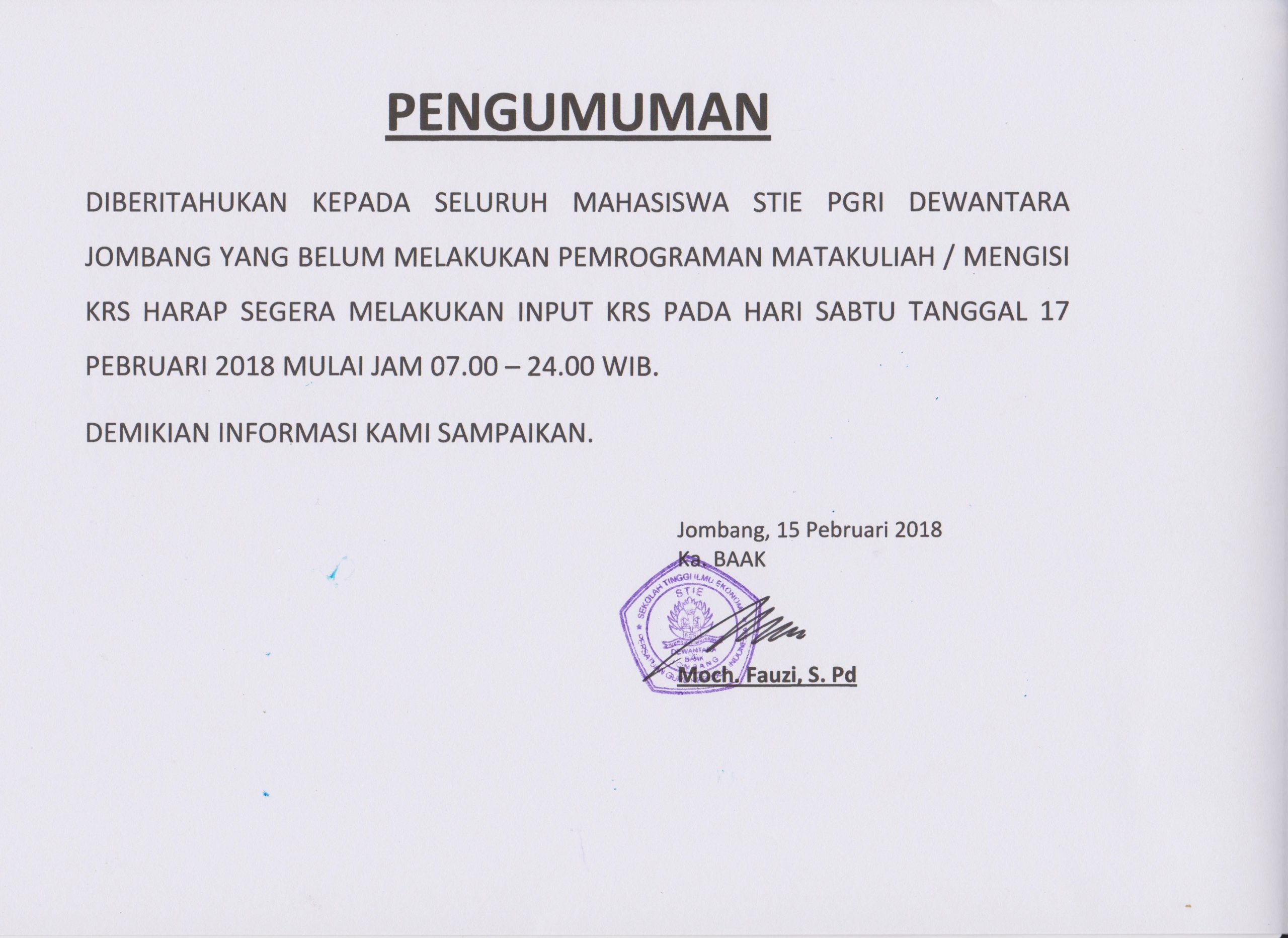 PENGUMUMAN PEMROGRAMAN MATAKULIAH