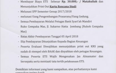 PENGUMUMAN ETS SEMESTER GENAP 2017-2018