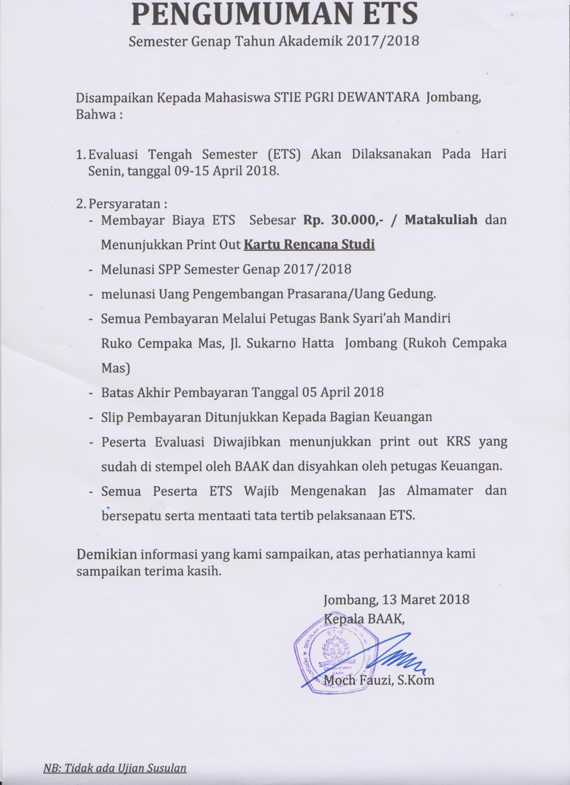 PENGUMUMAN ETS SEMESTER GENAP 2017-2018