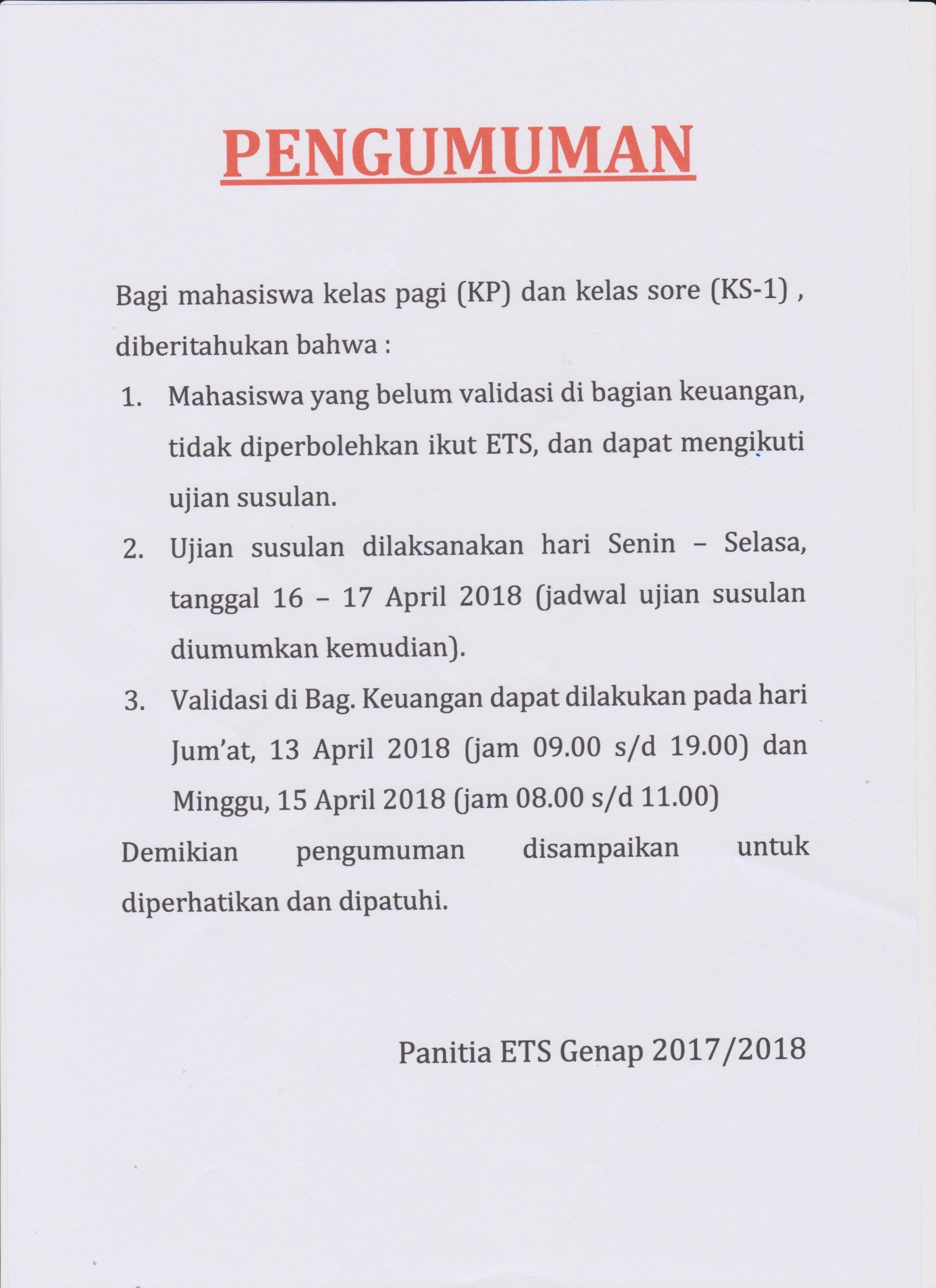 PENGUMUMAN ETS UNTUK KELAS KP & KS