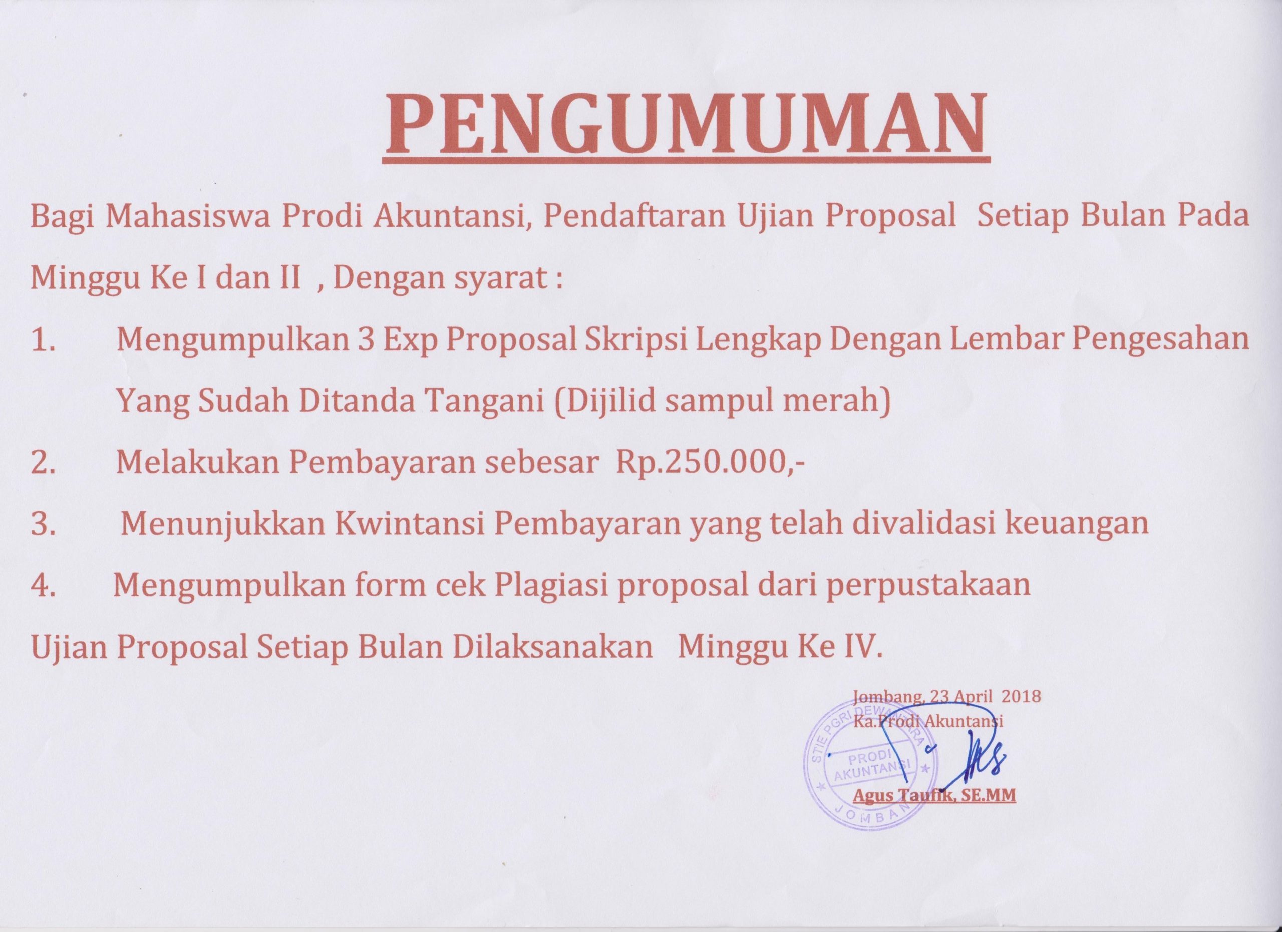 PENGUMUMAN PELAKSANAAN UJIAN PROPOSAL DAN UJIAN SKRIPSI PRODI AKUNTANSI TAHUN AJARAN 2017/2018
