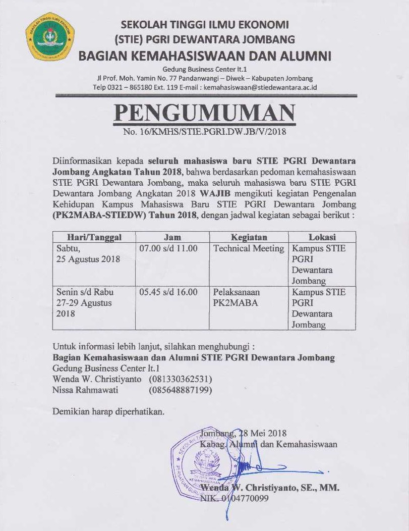 PENGUMUMAN MAHASISWA BARU STIE PGRI DEWANTARA