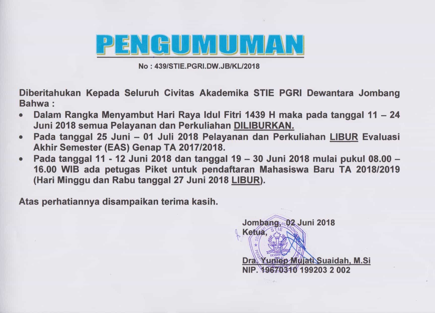 PENGUMUMAN LIBUR PELAYANAN