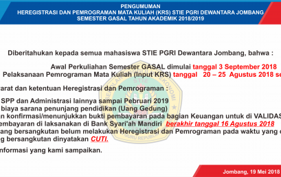 PENGUMUMAN HEREGISTRASI DAN PEMROGRAMAN MATA KULIAH (KRS) STIE PGRI DEWANTARA JOMBANG SEMESTER GASAL TAHUN AKADEMIK 2018/2019