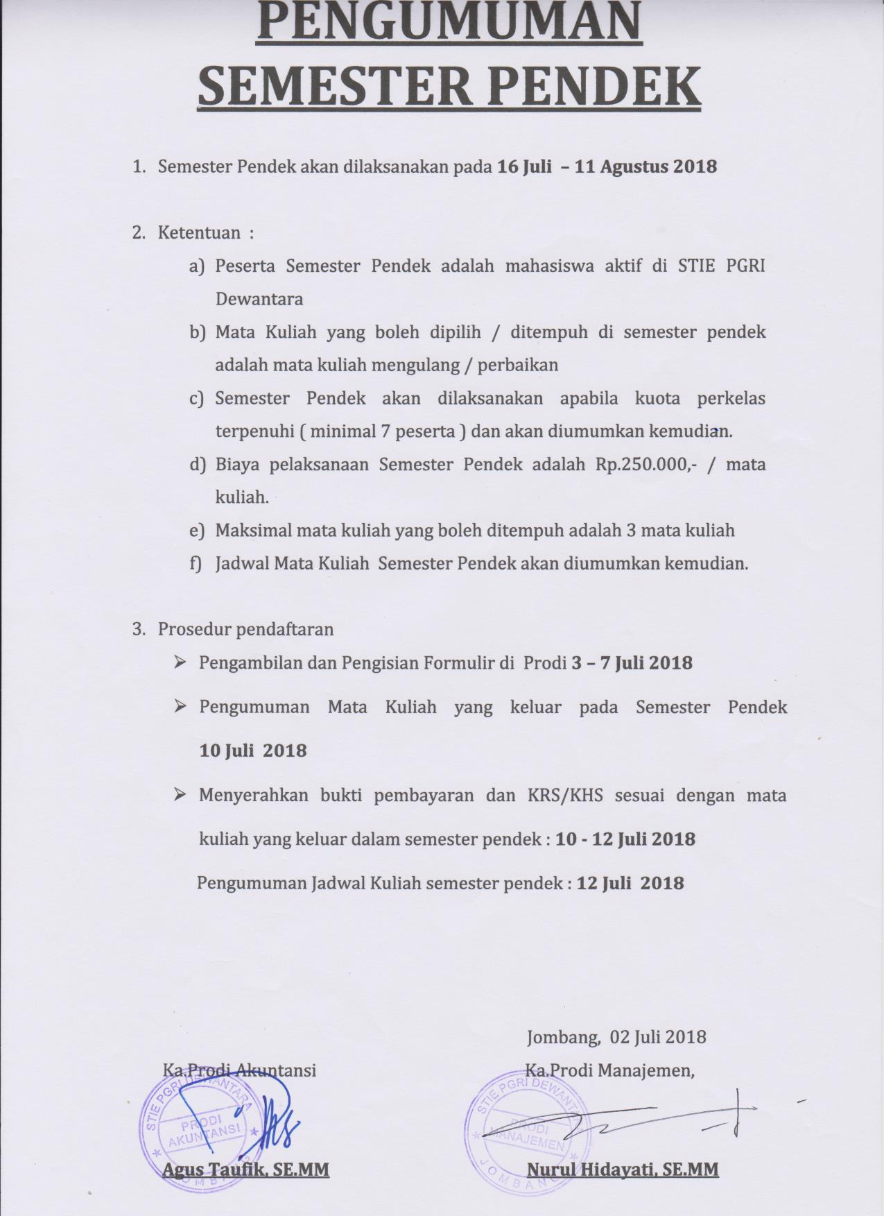 PENGUMUMAN SEMESTER PENDEK