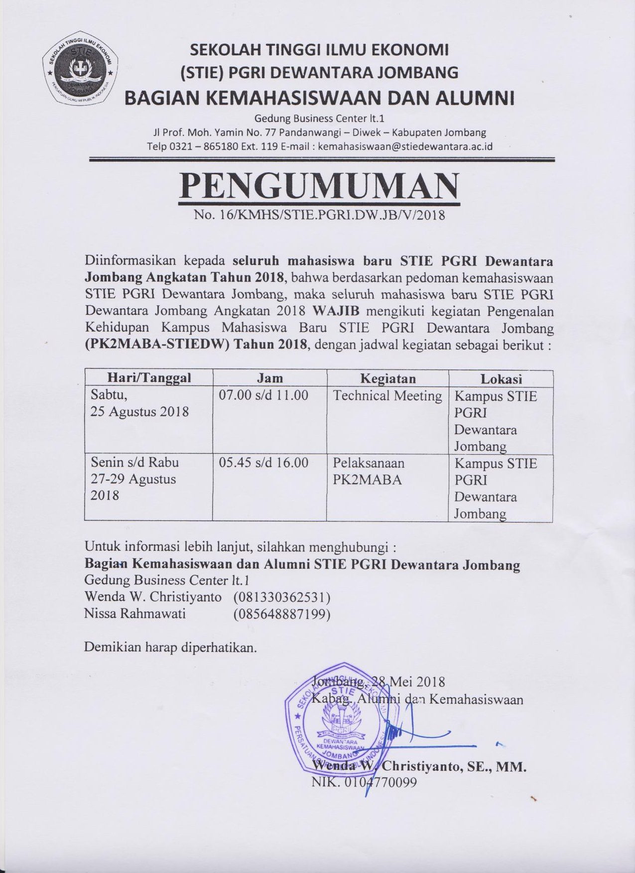 PENGUMUMAN PK2MABA