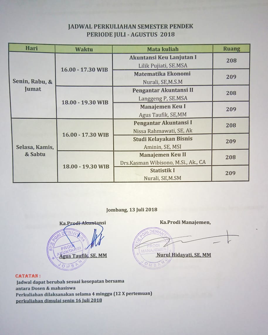 JADWAL PERKULIAHAN SEMESTER PENDEK PERIODE JULI – AGUSTUS 2018