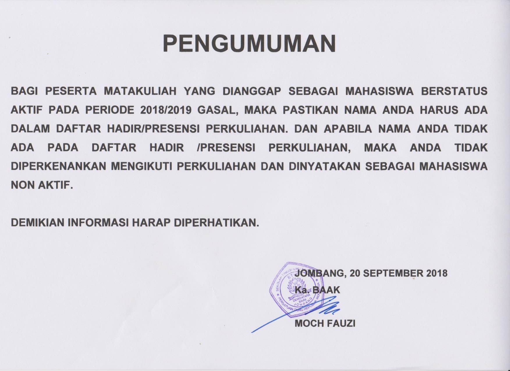 PENGUMUMAN AKADEMIK KEMAHASISWAAN PERIODE 2018/2019 GASAL