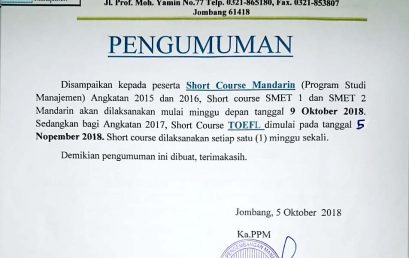 JADWAL SHORT COURSE MANDARIN DAN TOEFL