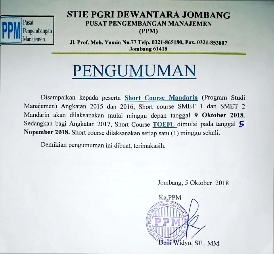 JADWAL SHORT COURSE MANDARIN DAN TOEFL
