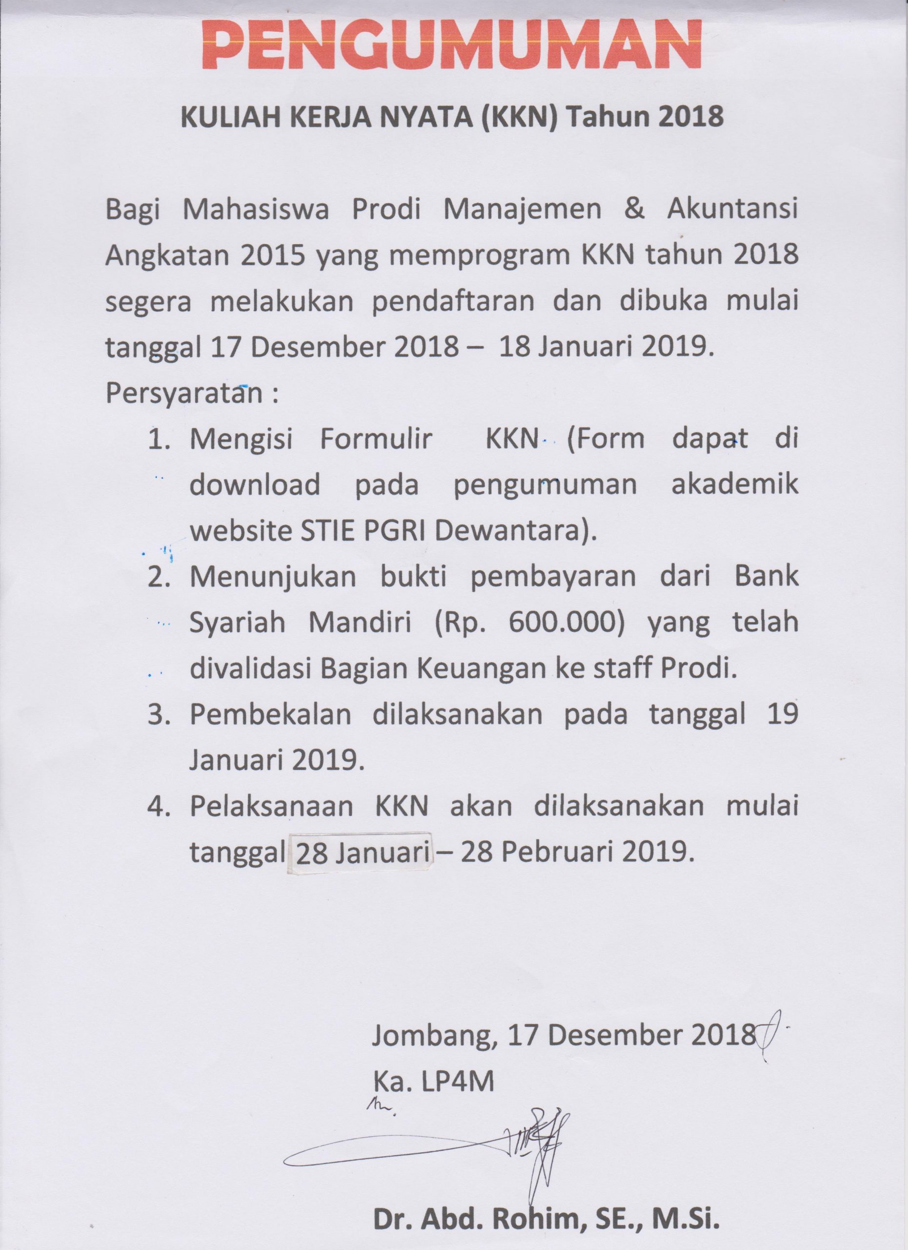 PENGUMUMAN KULIAH KERJA NYATA (KKN) Tahun 2018