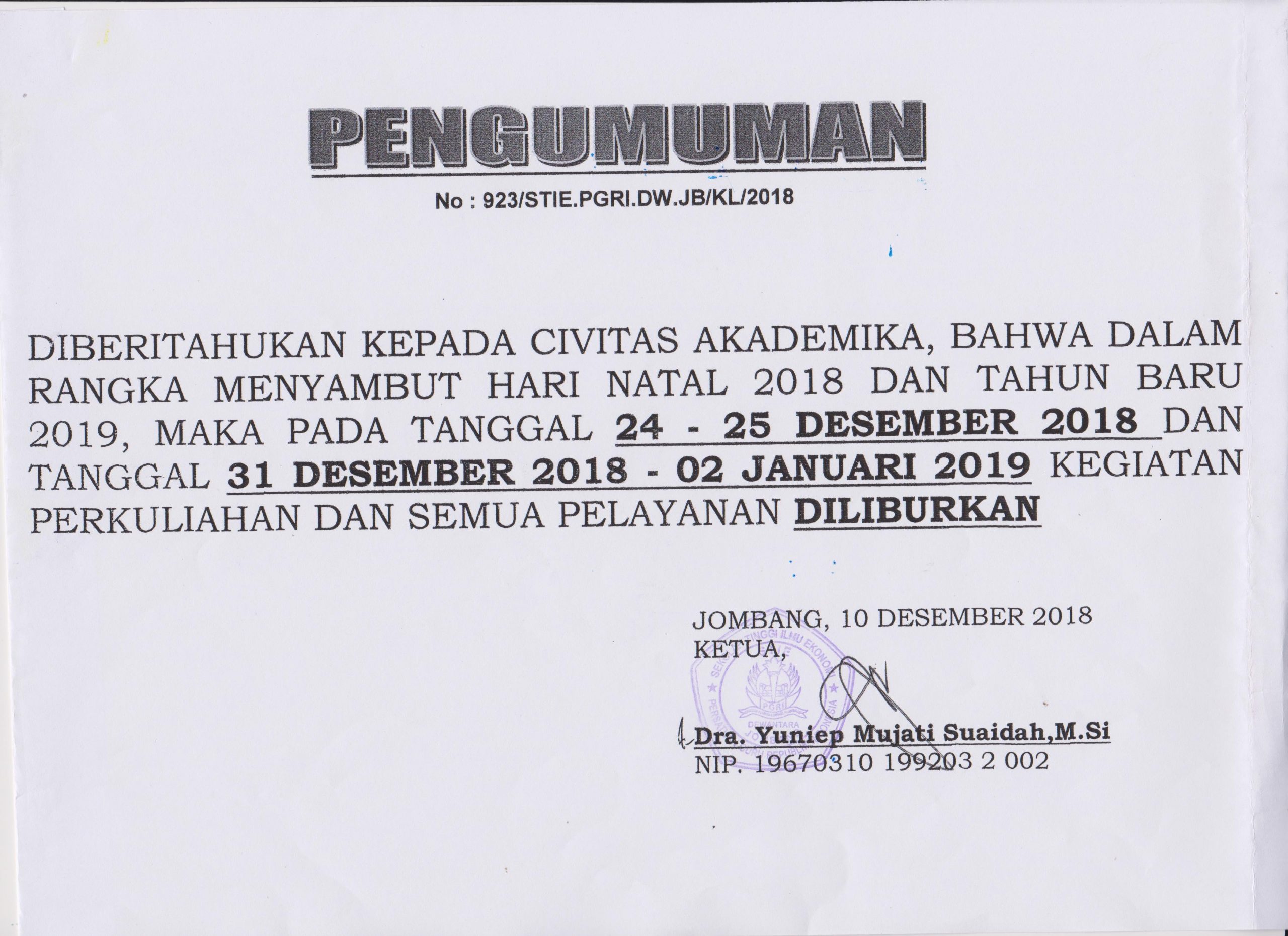 PENGUMUMAN LIBUR NATAL DAN TAHUN BARU 2019