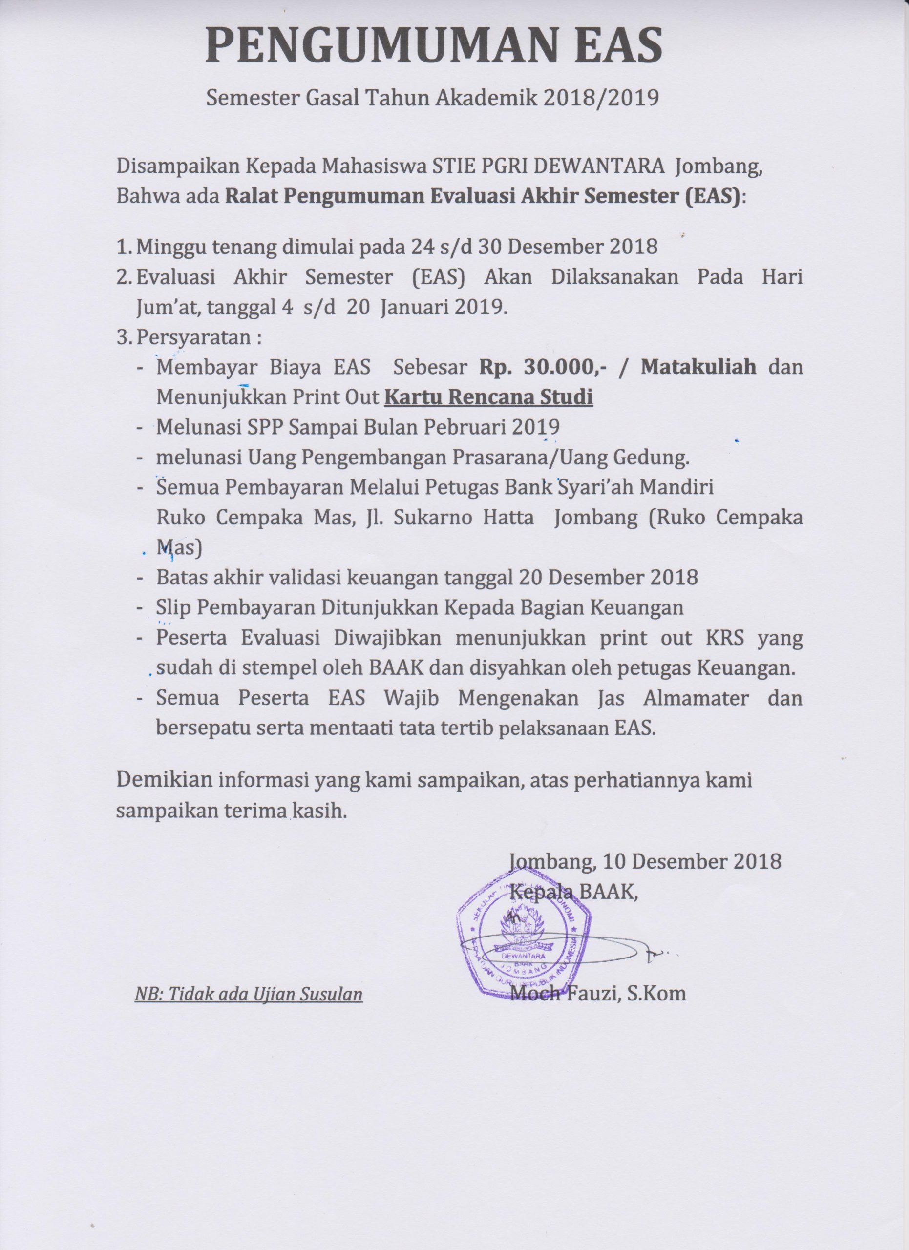 PENGUMUMAN EAS TA 2018-2019
