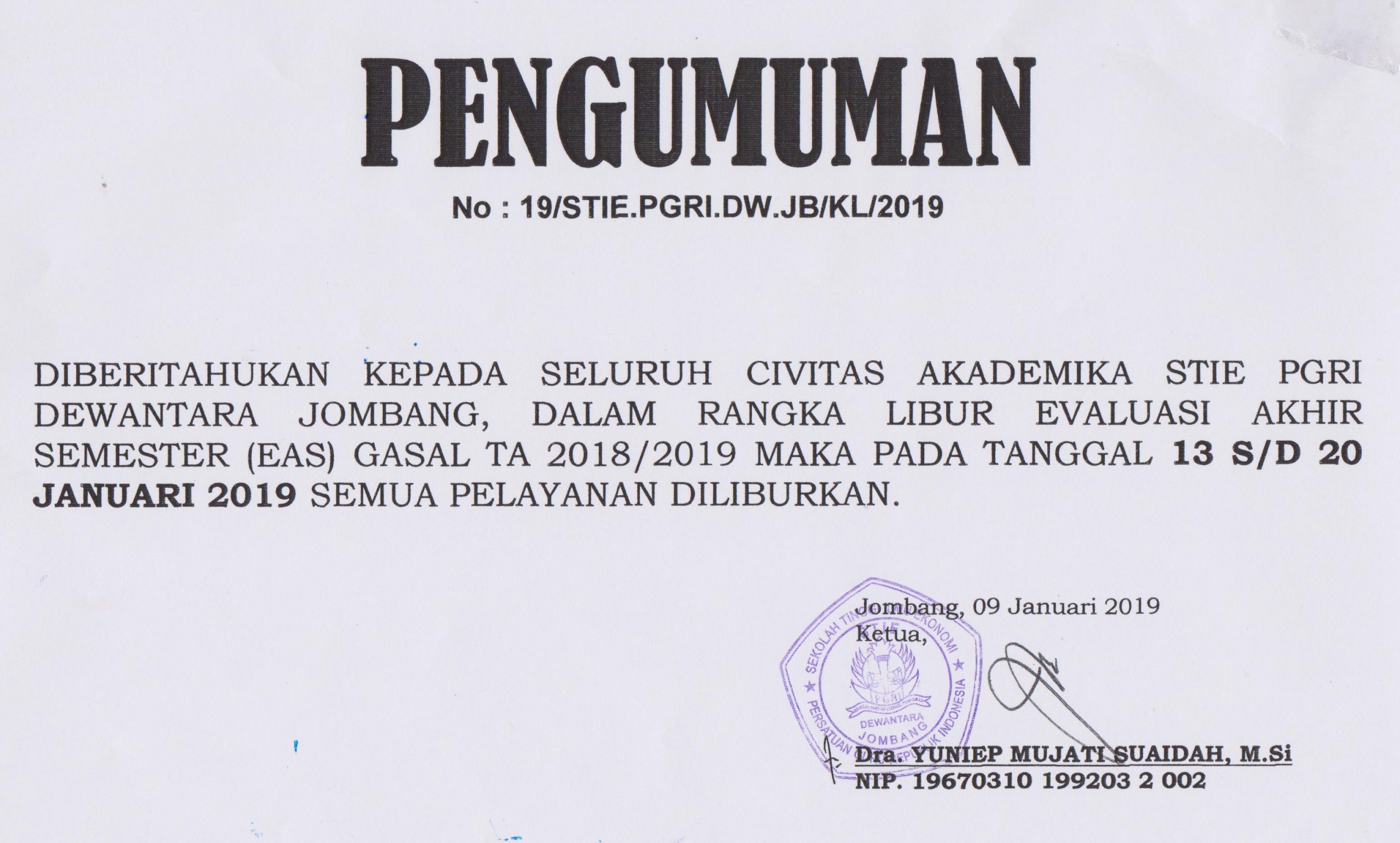 LIBUR PELAYANAN TAHUN 2019