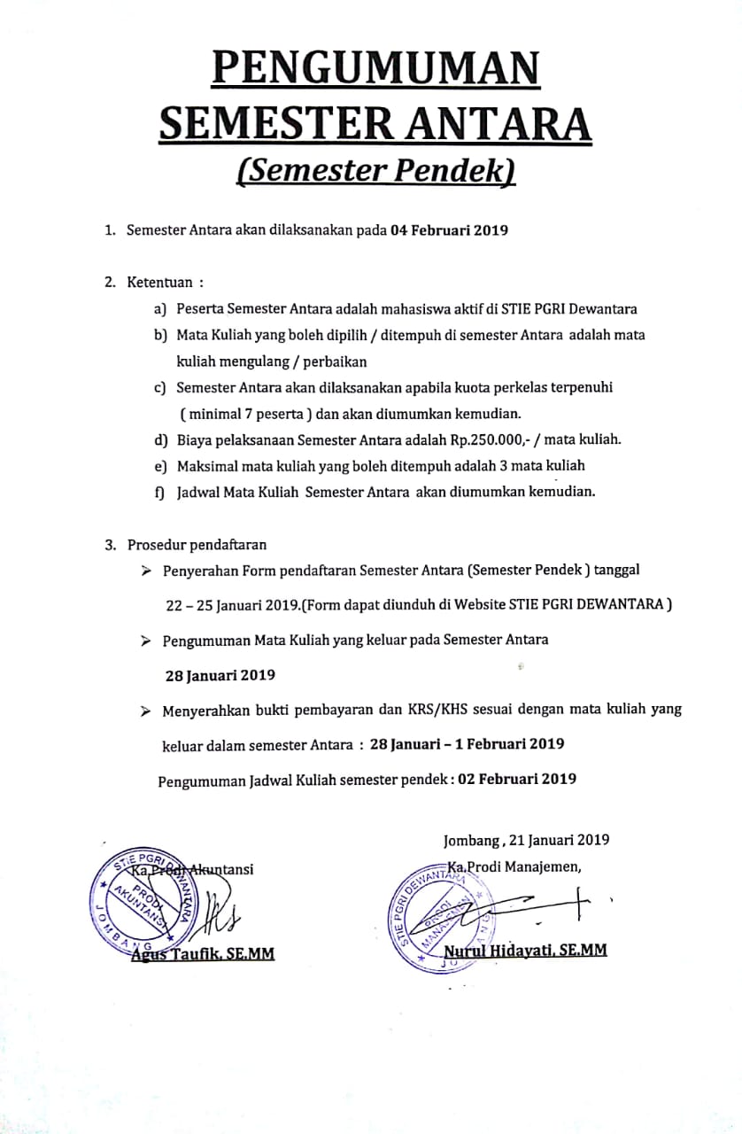 PENGUMUMAN SEMESTER ANTARA (PENDEK)