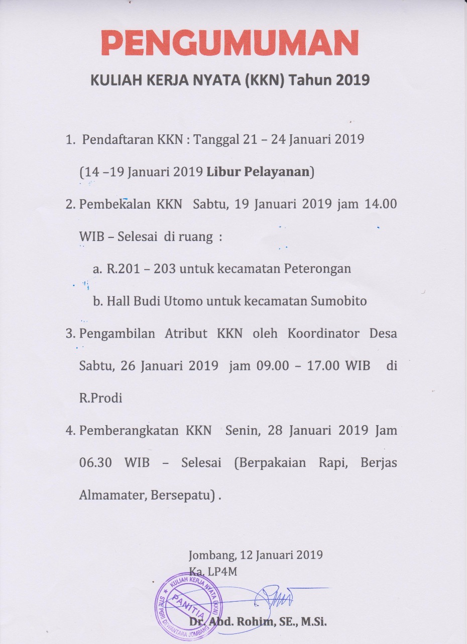 PENGUMUMAN JADWAL KULIAH KERJA NYATA KKN TAHUN 2019
