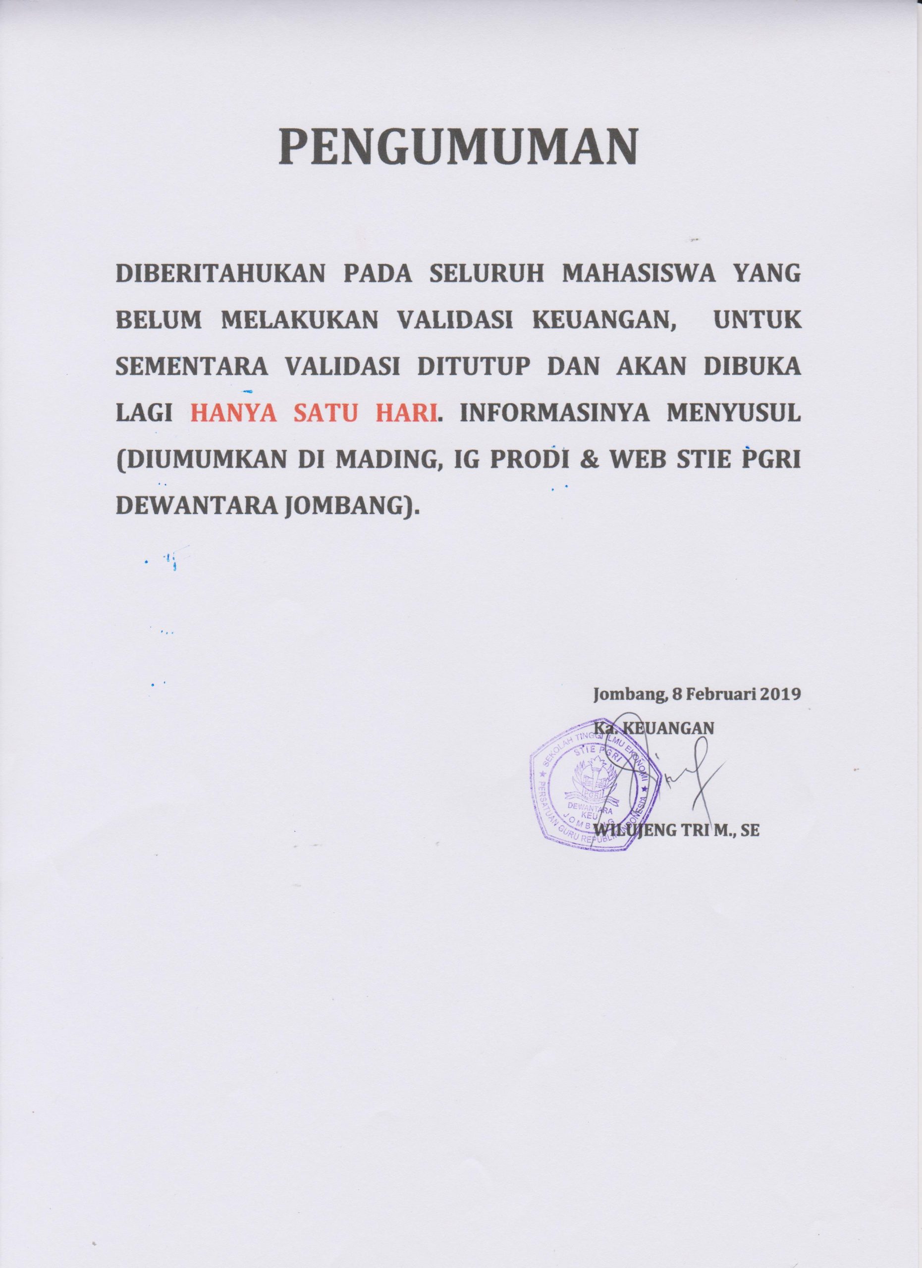 PENGUMUMAN VALIDASI KEUANGAN TAHUN AKADEMIK 2018-2019