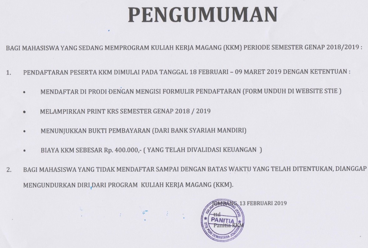 PENGUMUMAN KKM TAHUN AKADEMIK 2018/2019