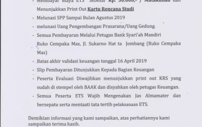 Pengumuman ETS Semester Genap Tahun Akademik 2018-2019