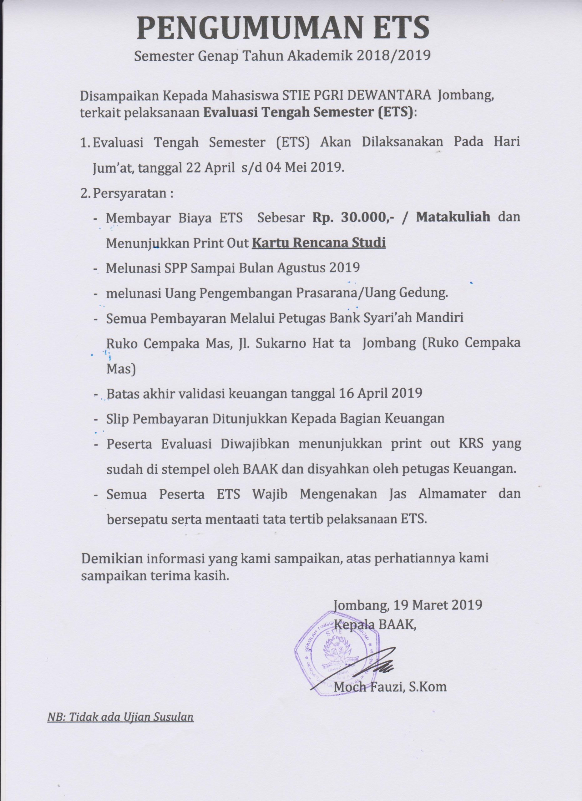 Pengumuman ETS Semester Genap Tahun Akademik 2018-2019