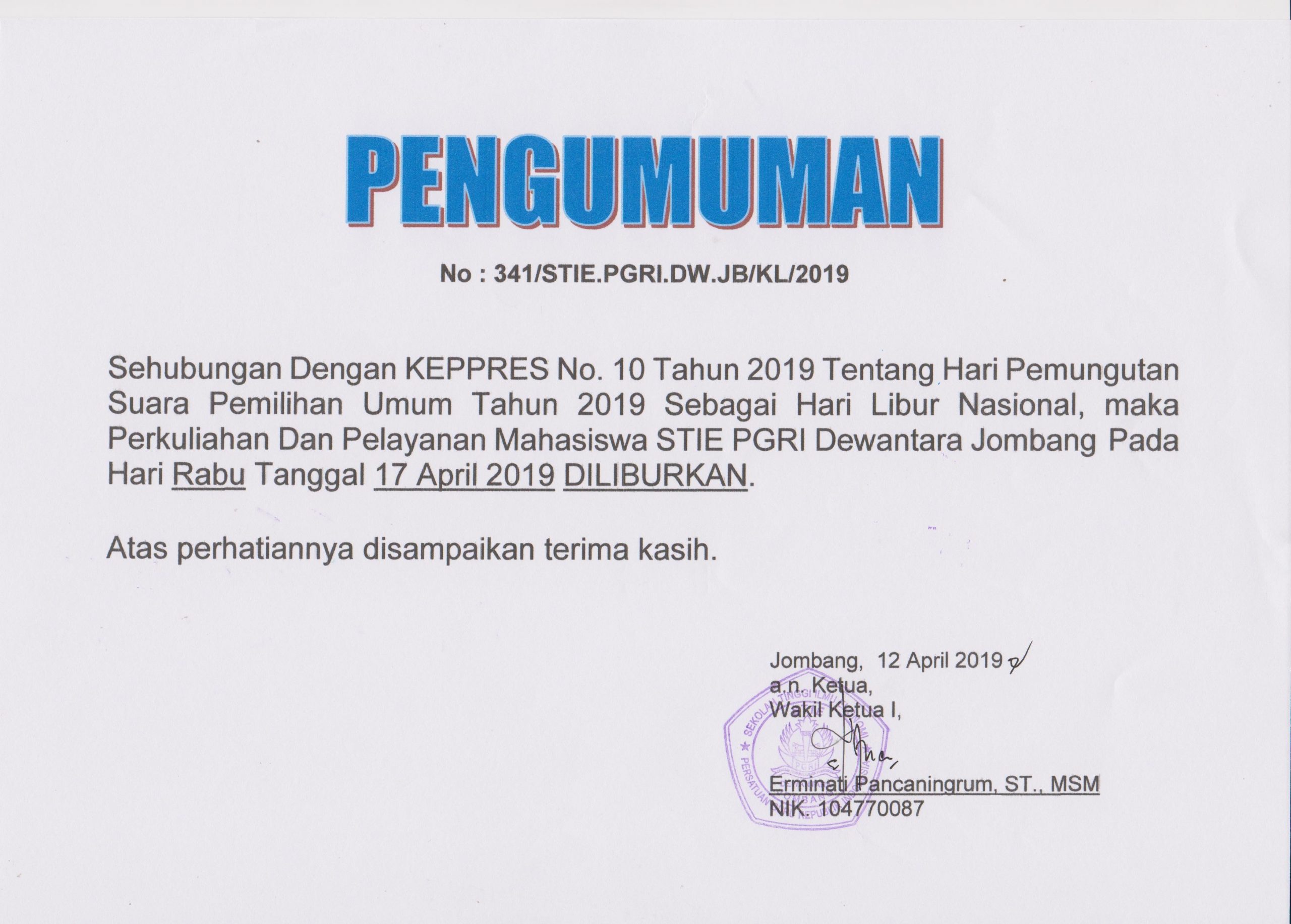 Pengumuman Libur 17 April 2019