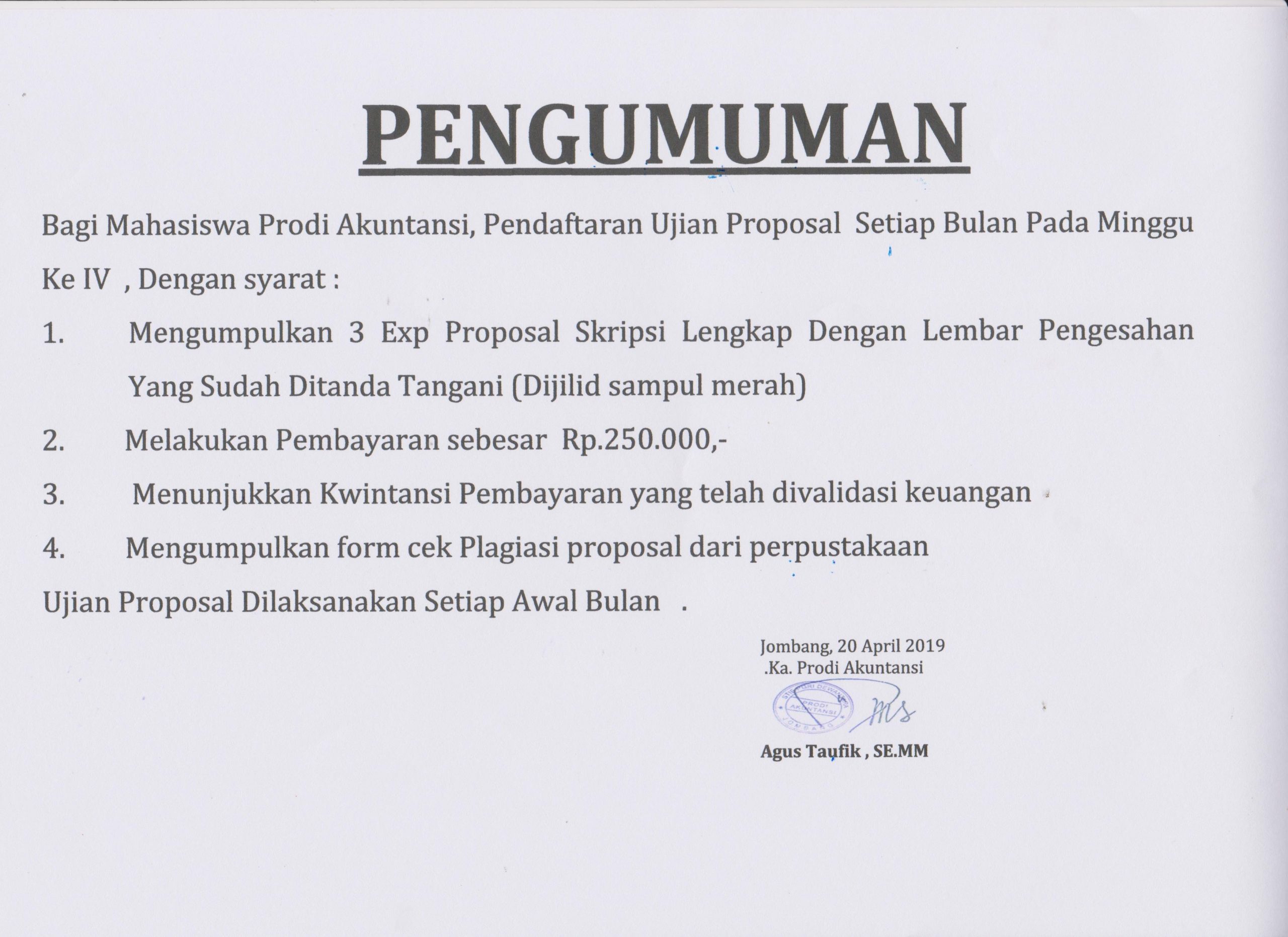 PENGUMUMAN PROPOSAL SKRIPSI AKUNTANSI DAN MANAJEMEN 2019