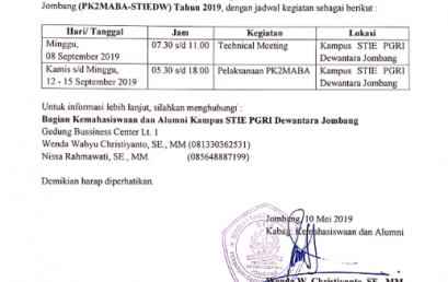 PENGUMUMAN PK2MABA UNTUK MAHASISWA BARU STIE PGRI DEWANTARA JOMBANG