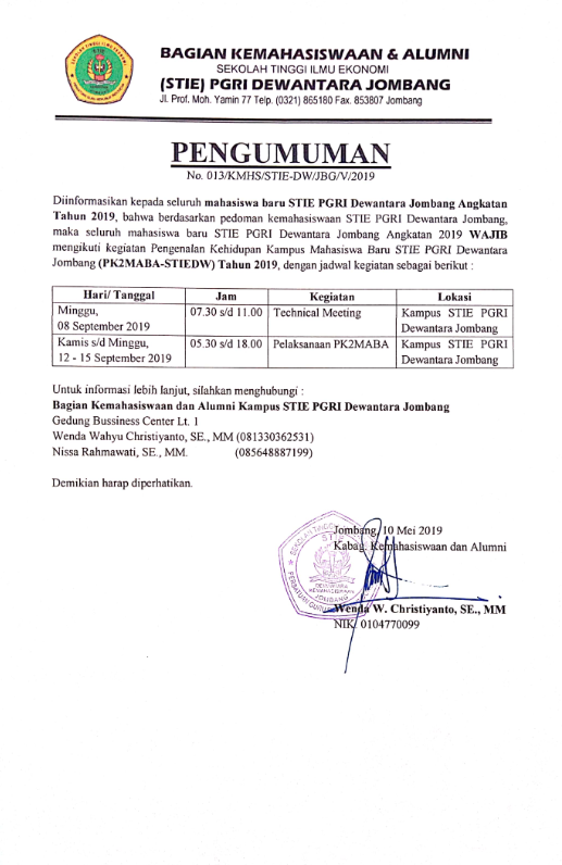 PENGUMUMAN PK2MABA UNTUK MAHASISWA BARU STIE PGRI DEWANTARA JOMBANG