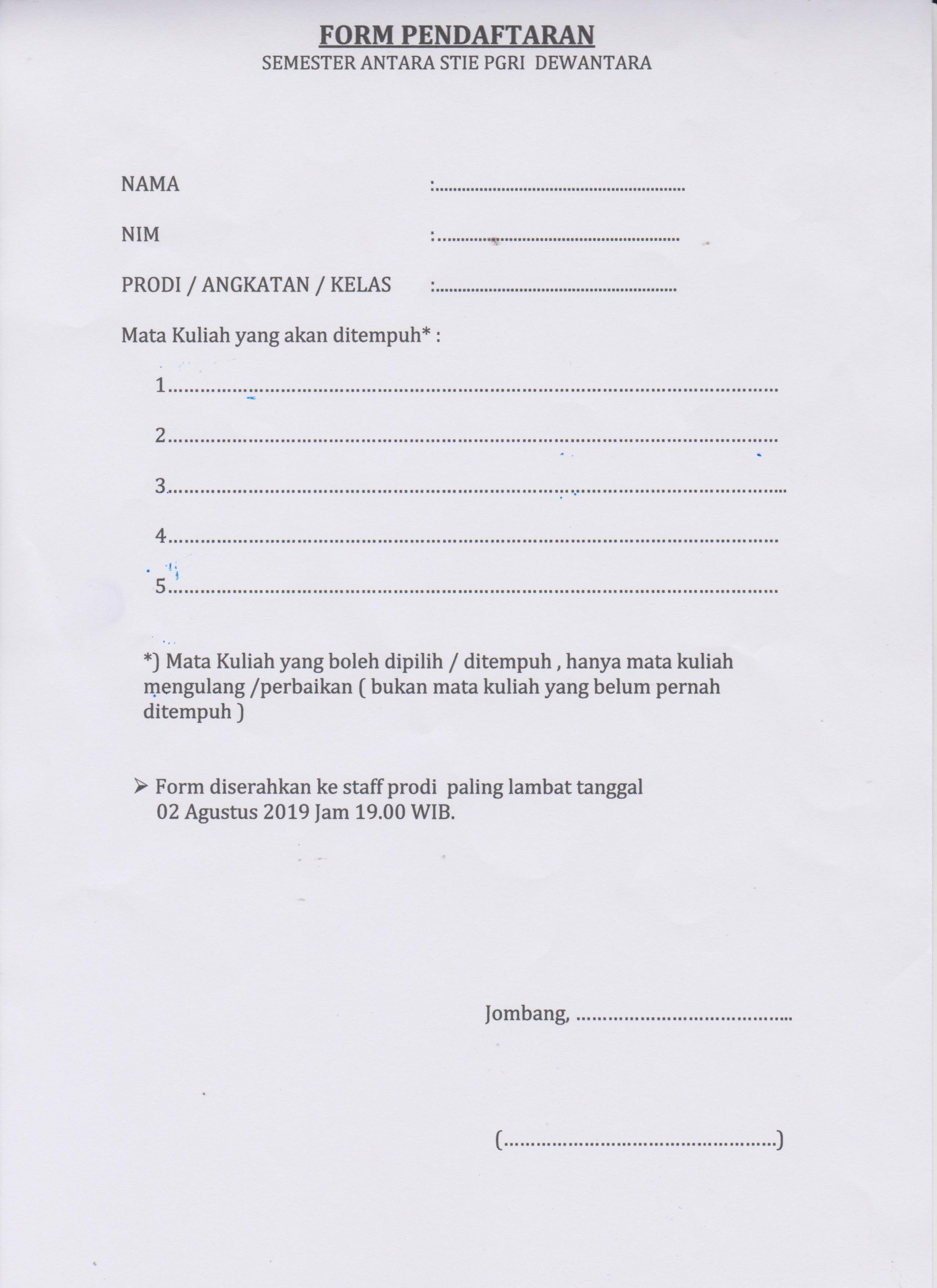 FORM PENDAFTARAN SEMESTER PENDEK TA 2018/2019 GENAP