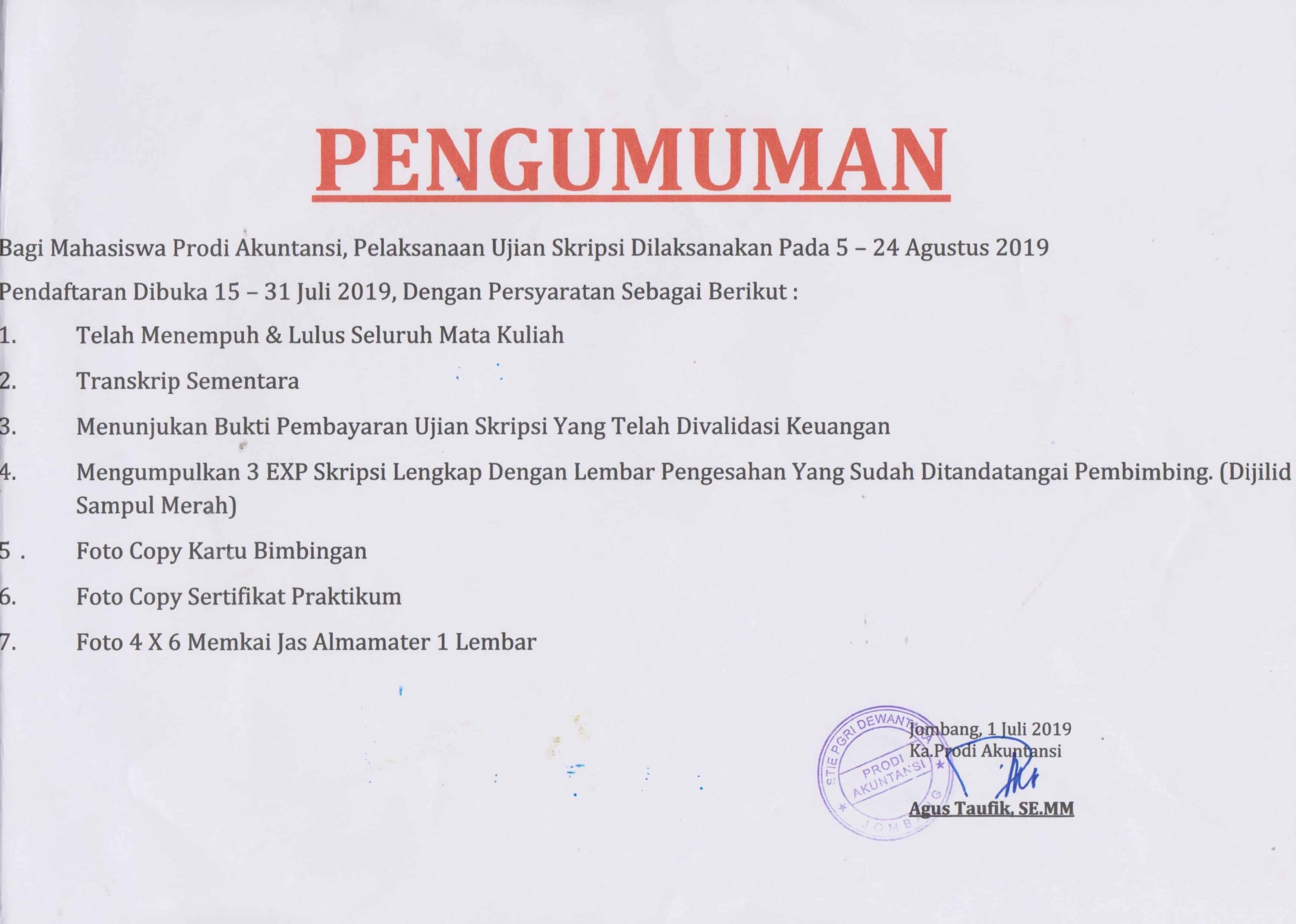 PENGUMUMAN UJIAN SKRIPSI AKUNTANSI
