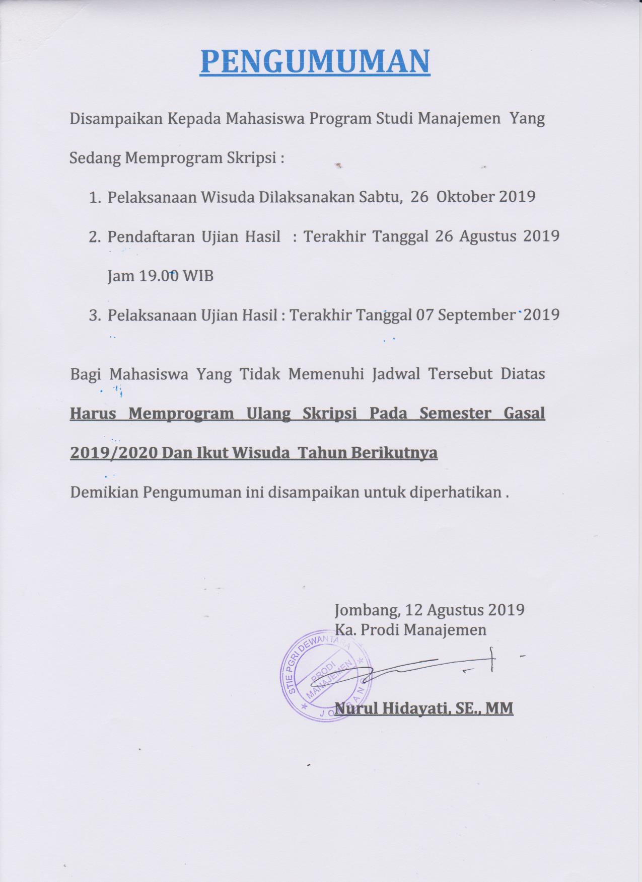 PENGUMUMAN PROGRAM STUDI MANAJEMEN