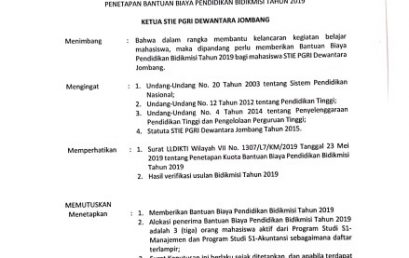 Surat Keputusan Beasiswa BIDIKMISI STIE PGRI Dewantara Jombang Tahun 2019
