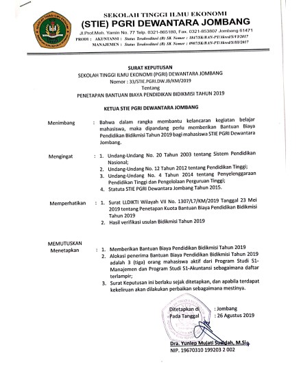 Surat Keputusan Beasiswa BIDIKMISI STIE PGRI Dewantara Jombang Tahun 2019