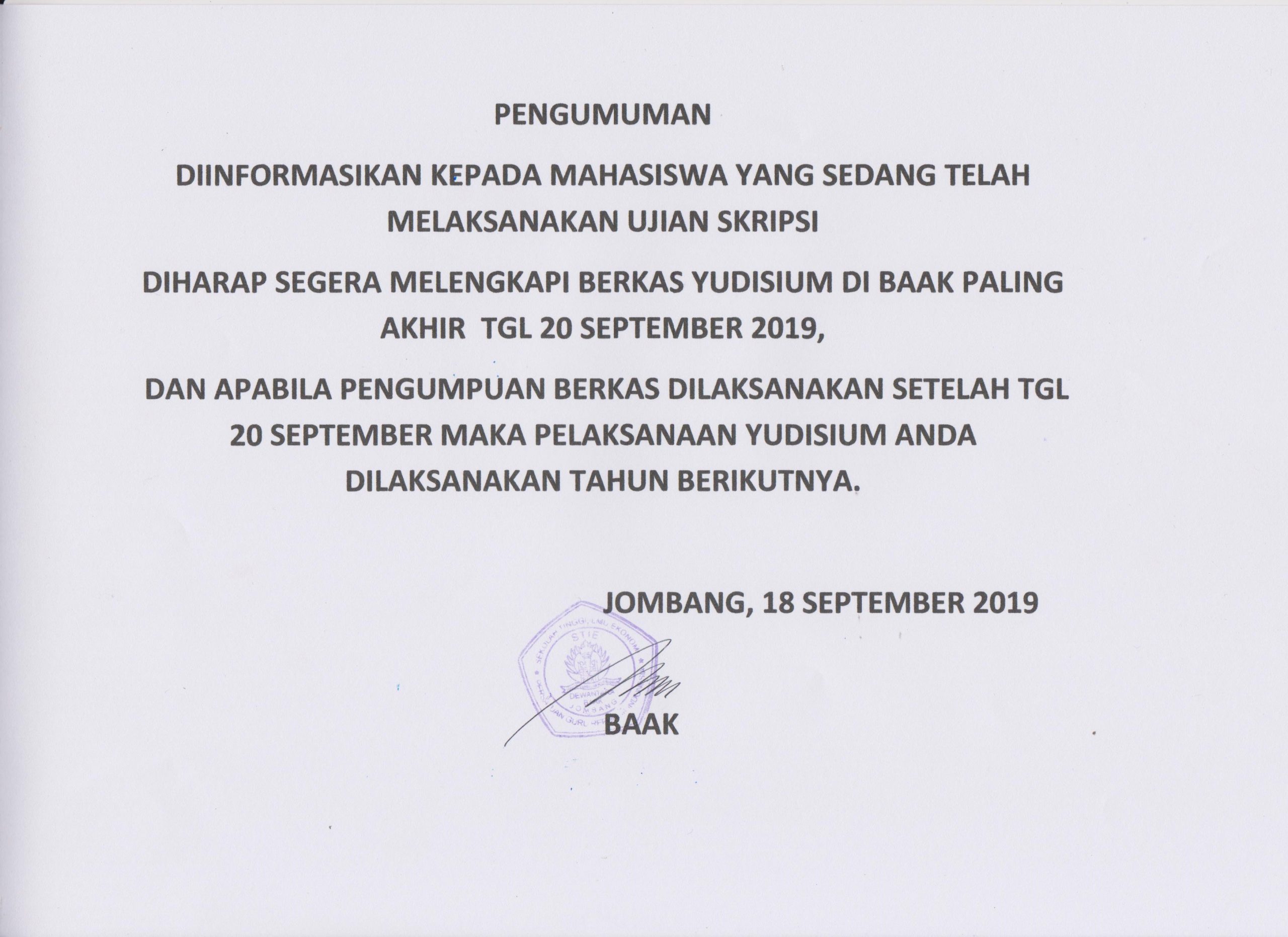 PENGUMUMAN YUDISIUM 2019