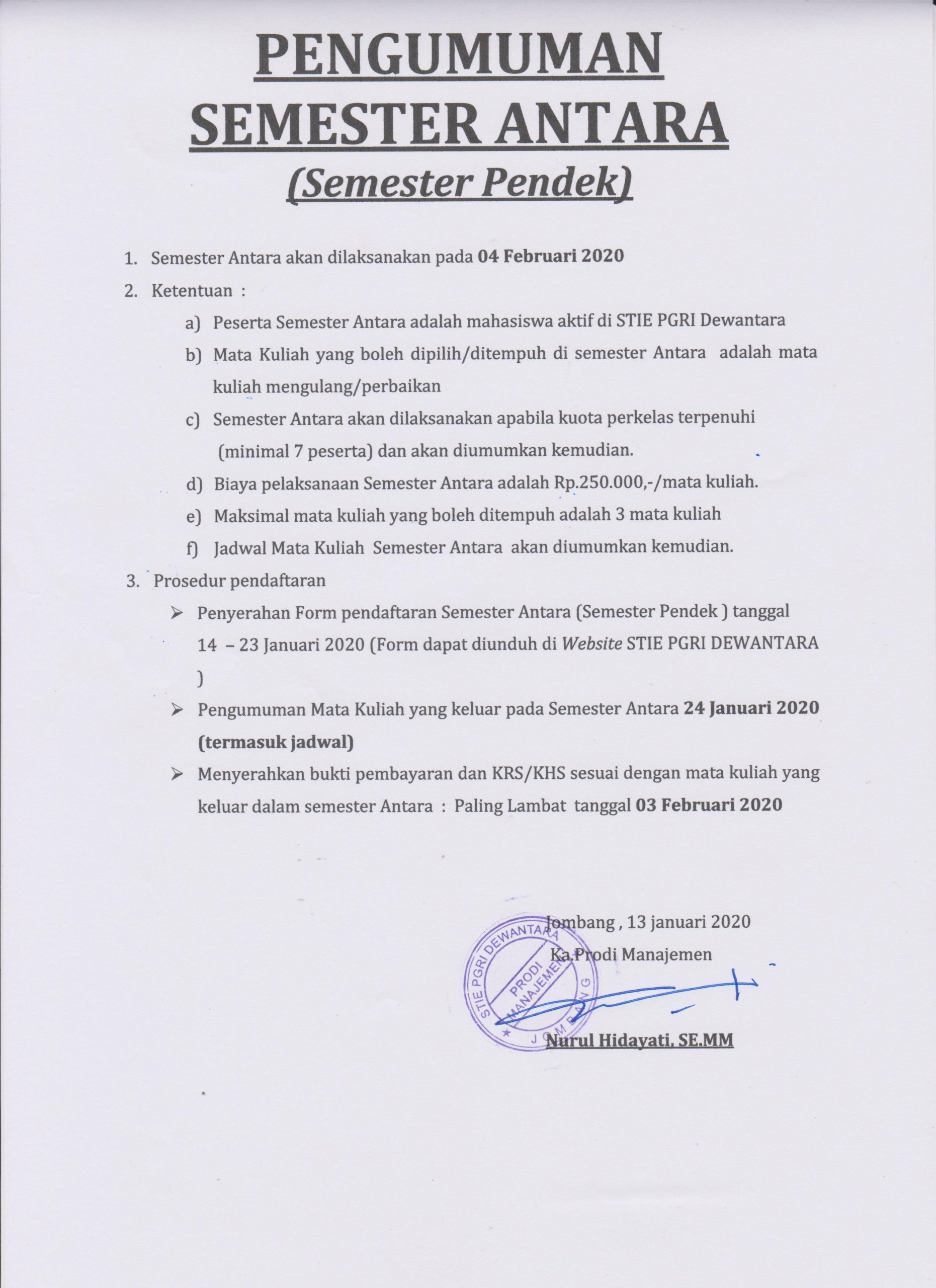 PENGUMUMAN SEMESTER ANTARA TA 2019/2020