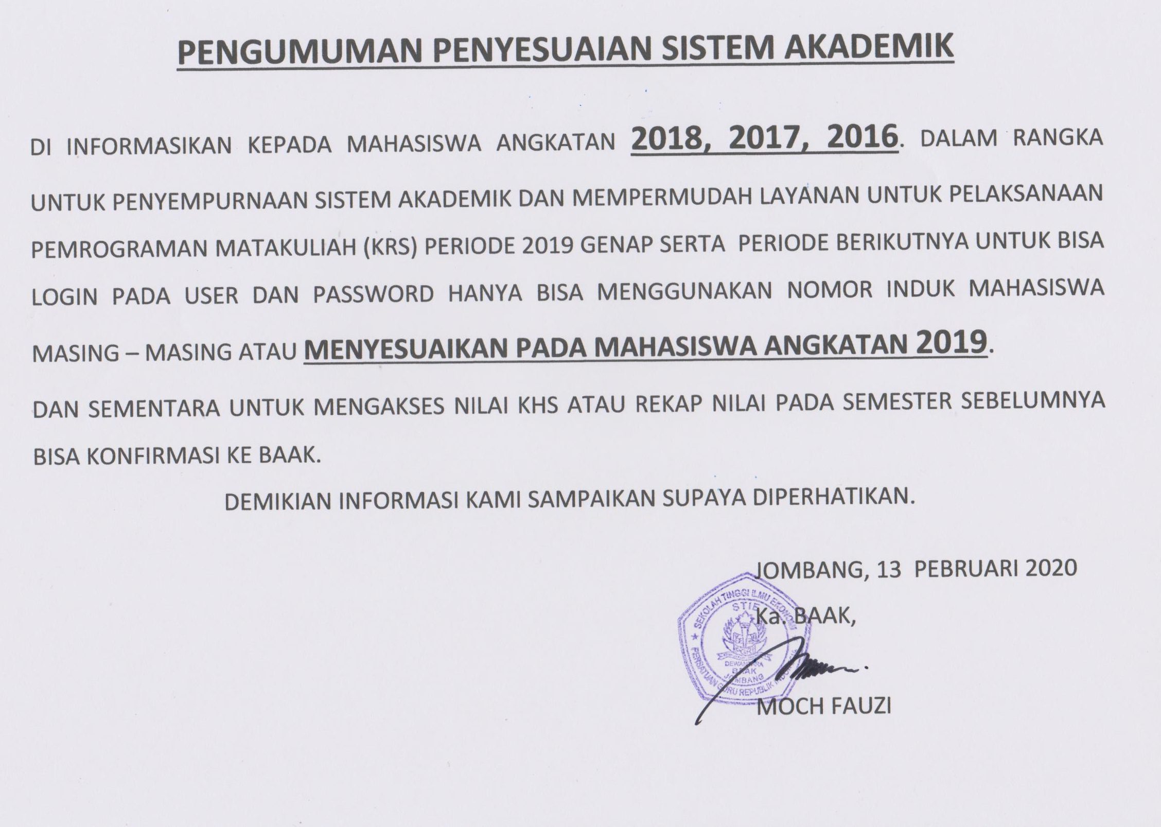 PENGUMUMAN PENYESUAIAN SYSTEM AKADEMIK