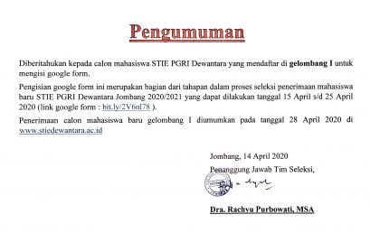 PENGUMUMAN SELEKSI CALON MAHASISWA BARU GELOMBANG I