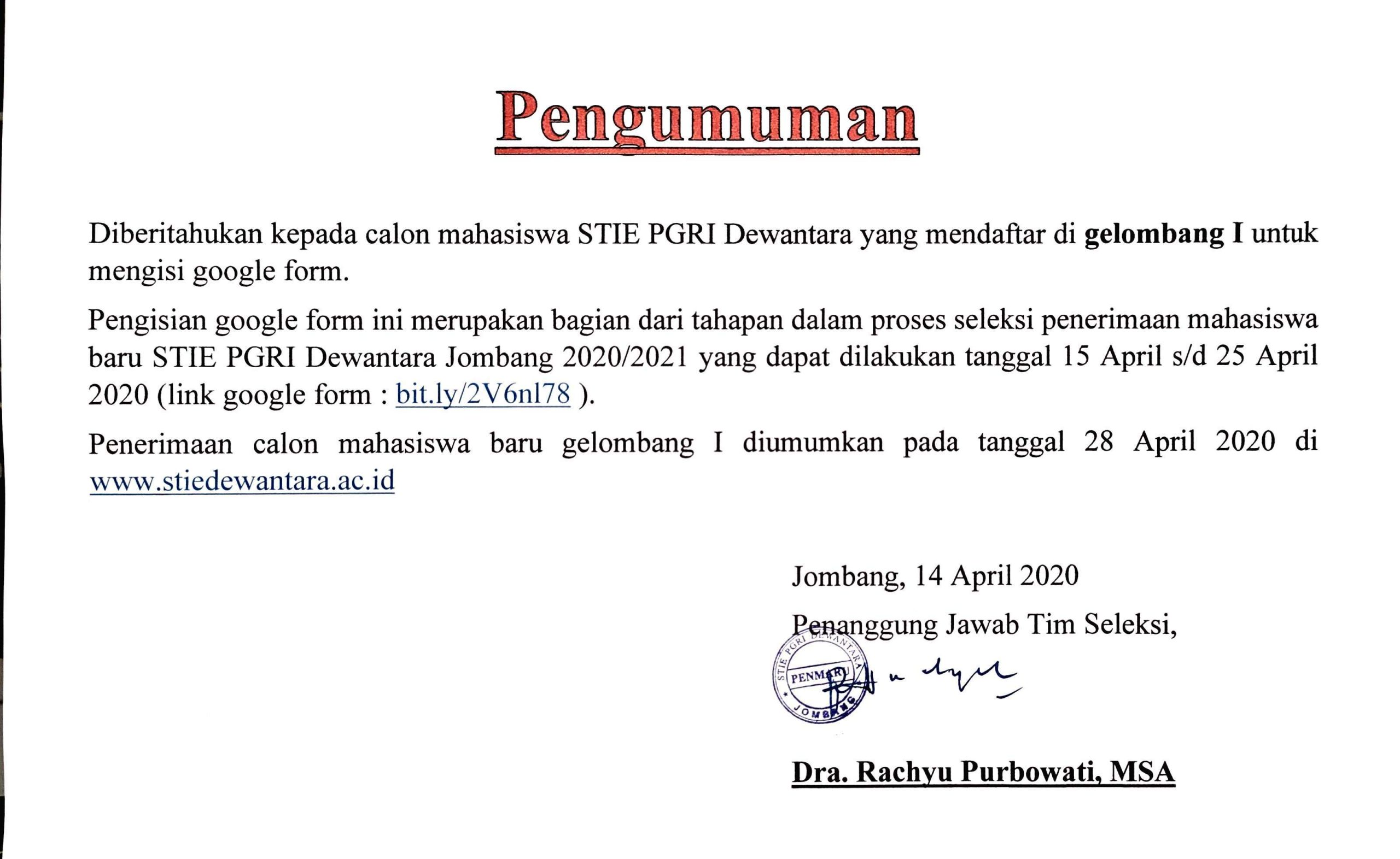 PENGUMUMAN SELEKSI CALON MAHASISWA BARU GELOMBANG I